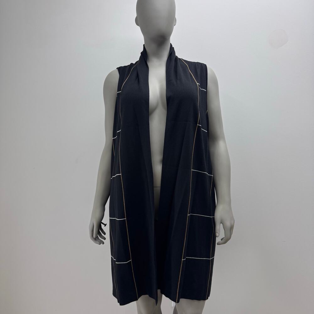 NWT Marina Rinaldi Long Open Knit Vest US 16-18(L) Black Grid Old Money Neutral